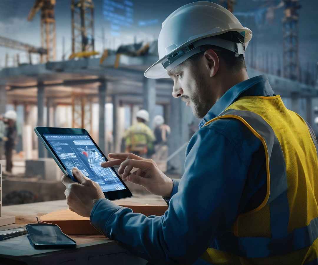 Engineers using digital tablets at a construction site